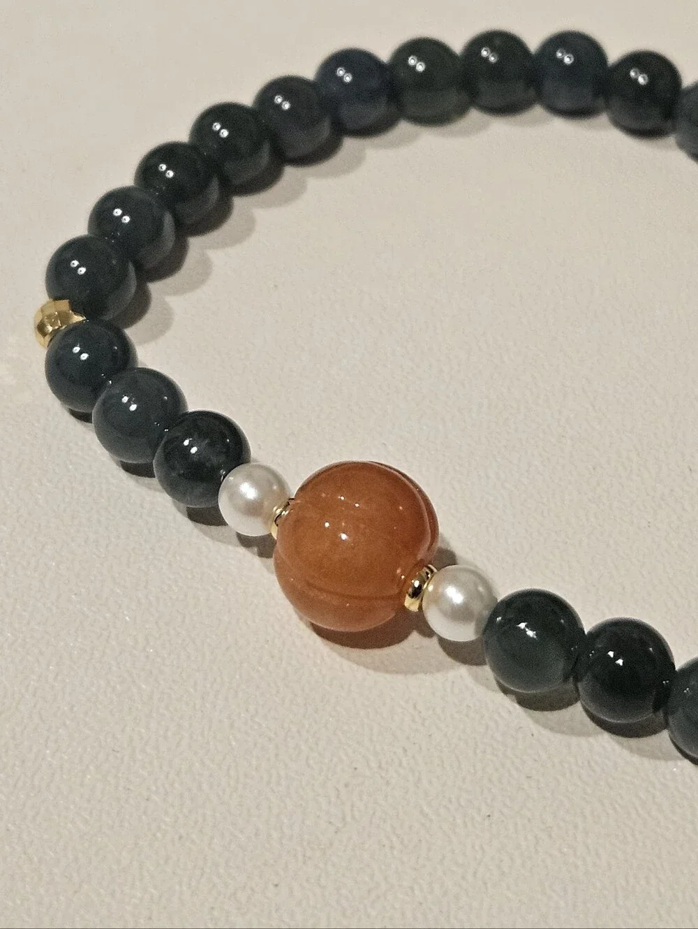 Dark Green Jadeite Beaded Stretch Bracelet with Orange Accent